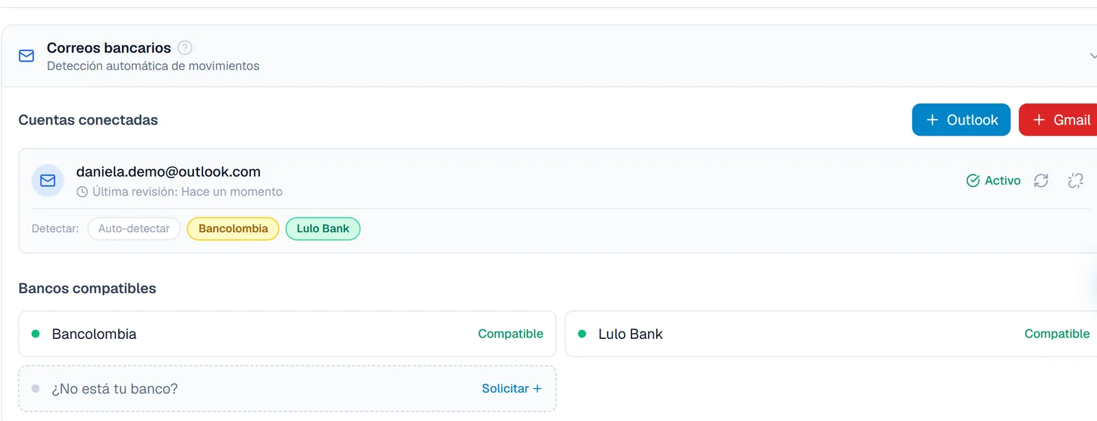 Sección Correos bancarios en la configuración de Moncua: cuenta de correo conectada y bancos a seguir