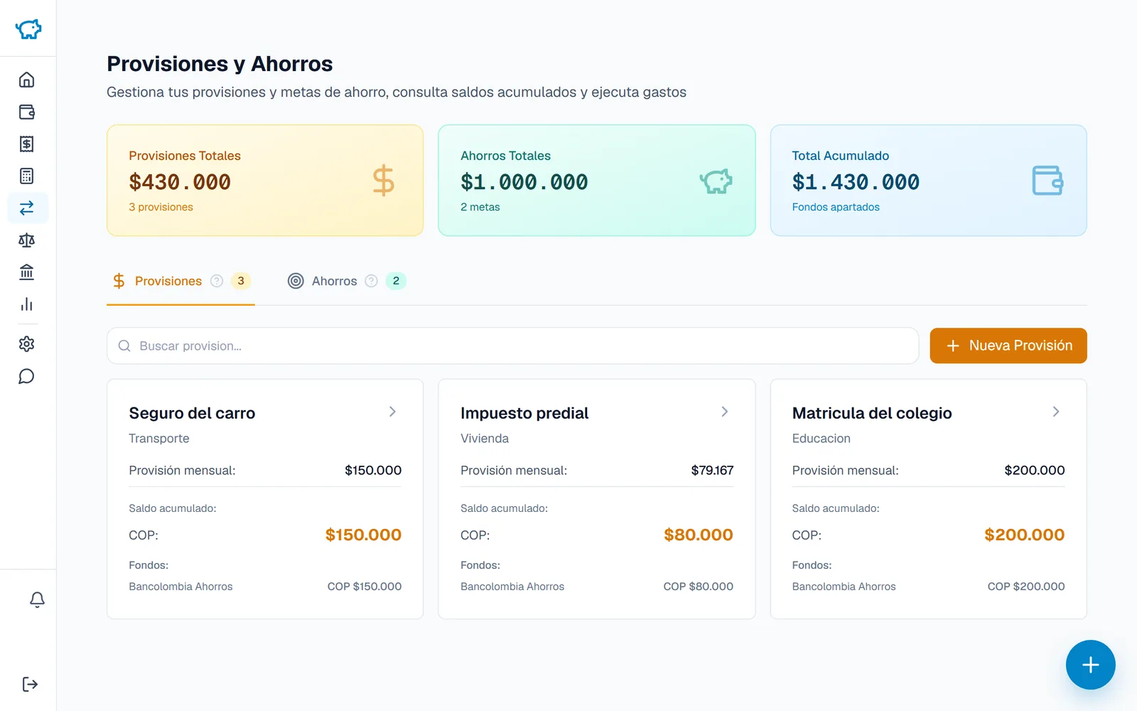 Provisiones y metas de ahorro en Moncua con el dinero apartado en cada una