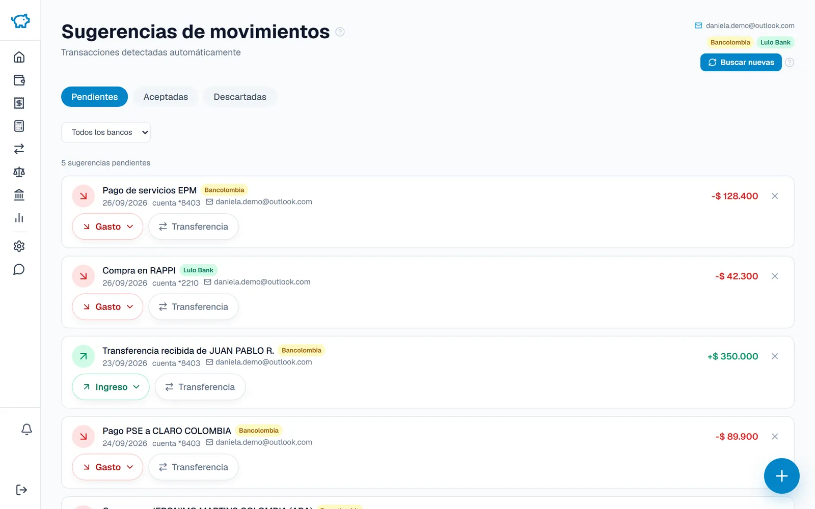 Sugerencias pendientes en Moncua: movimientos detectados en las alertas de Bancolombia y Lulo Bank con monto, fecha y botones para registrar o descartar